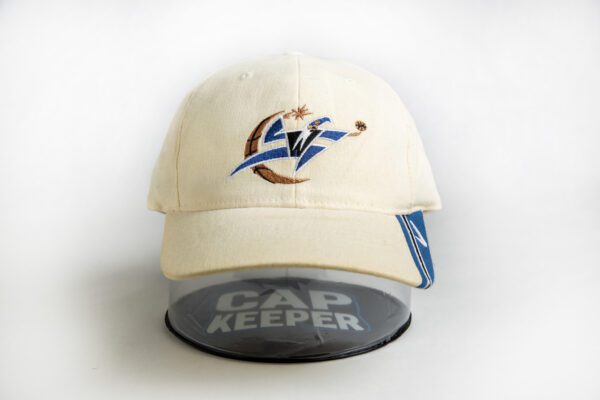 Front view of a Cap Keeper inflatable cap stretcher/holder with a white hat